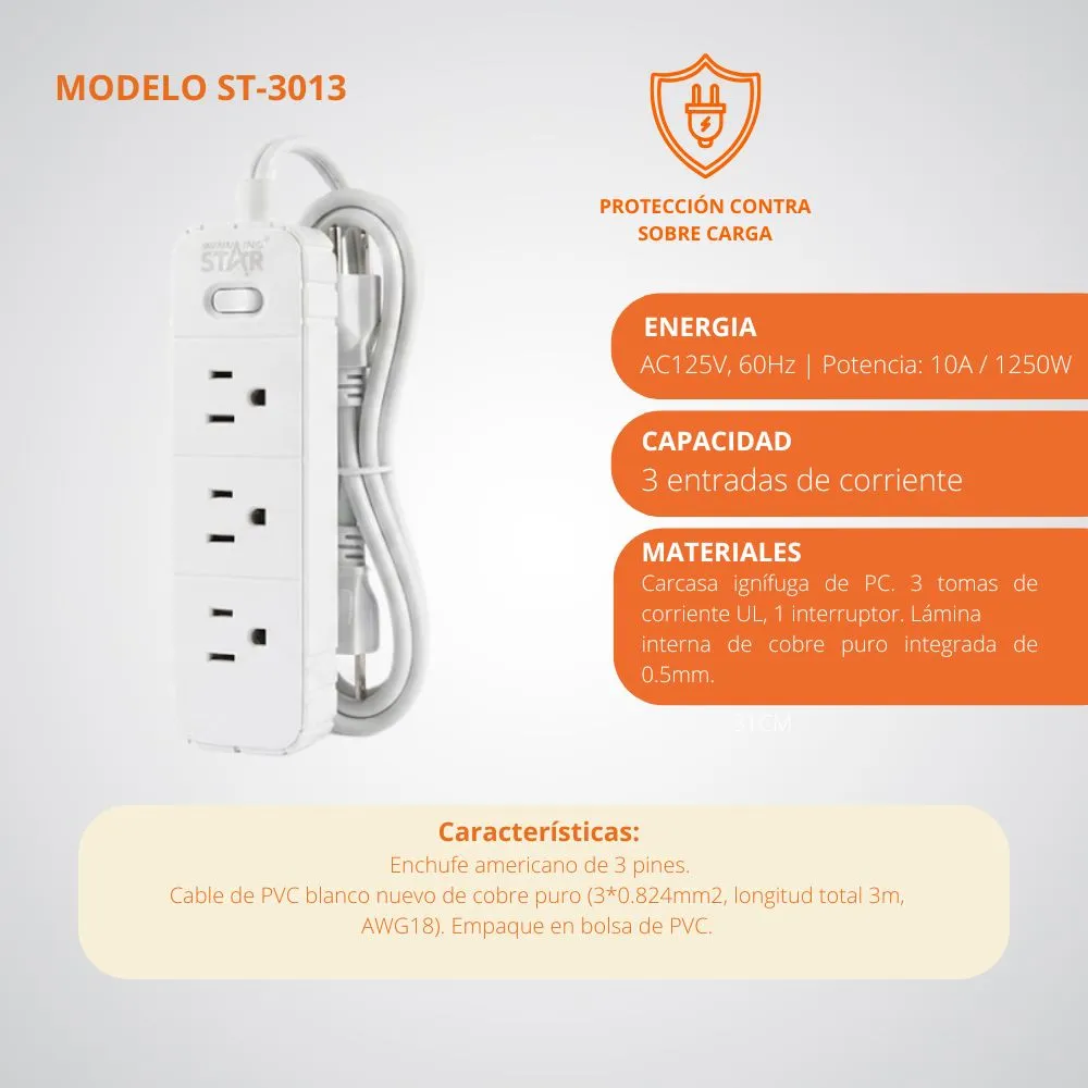 [35-GH2-160] Regleta Multitoma 3 Tomas Con Supresor De Picos Protección