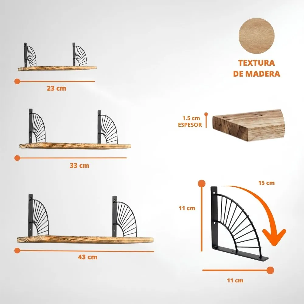 [37-GH2-168A] Set De 3 Repisas Flotantes Decoracion Moderna (Madera Negro Abanico)