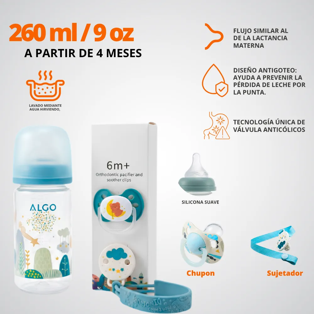 [43-GH2-182-Azul] Set De Tetero Con Chupón ALGO 260ml (Azul)