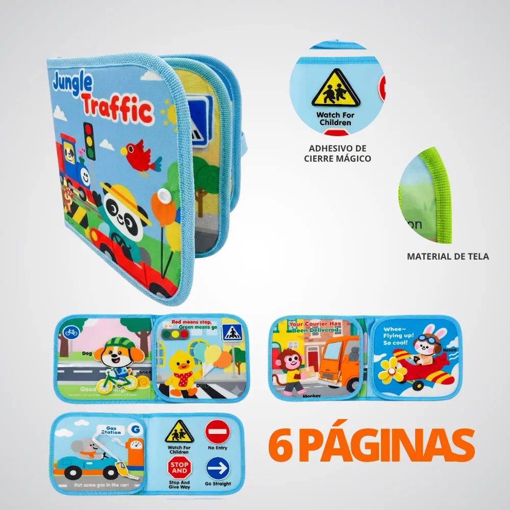 [45-GH2-6093] Libro De Tela Didactico Para Bebe Sensorial 6 Paginas (Jungle Traffic)