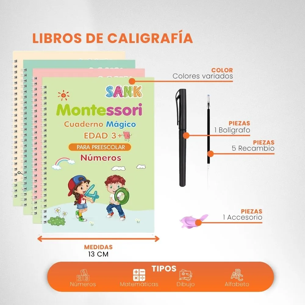 [2-GH2-5] Libros De Caligrafía Montessori X 4 Para Niños Tinta Mágica