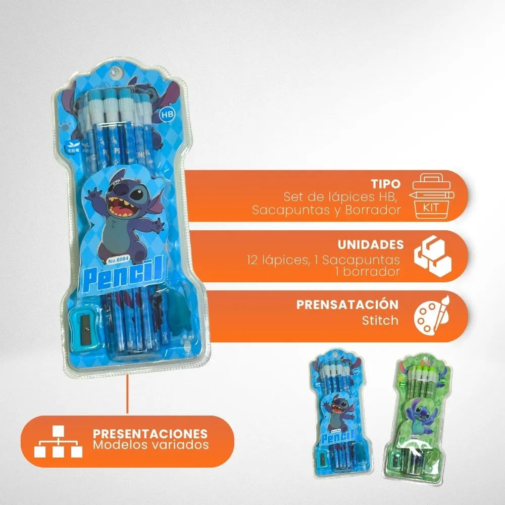 [8-GH2-73] Set De Lapices HB Infantil Con Sacapuntas Y Borrador (Stitch)