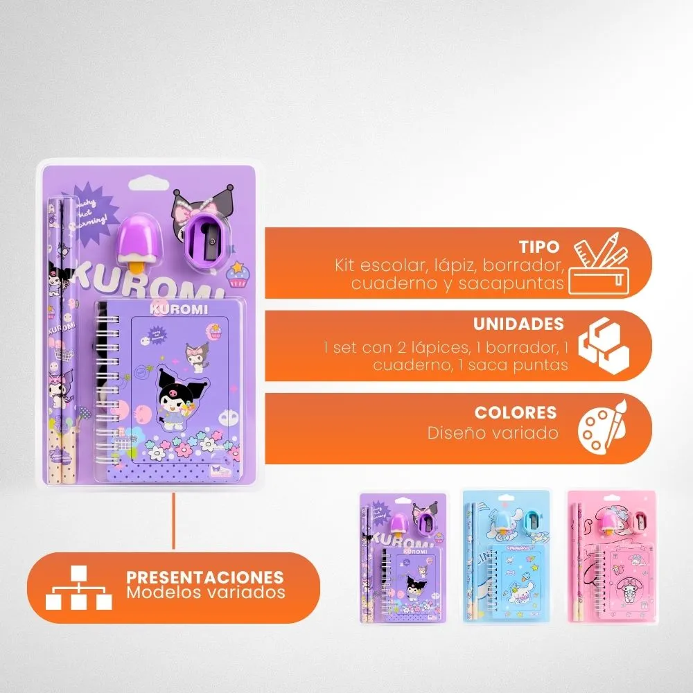 [8-GH2-77] Kit Escolar Kuromi Con Libreta Espiral Lapiz Sacapuntas