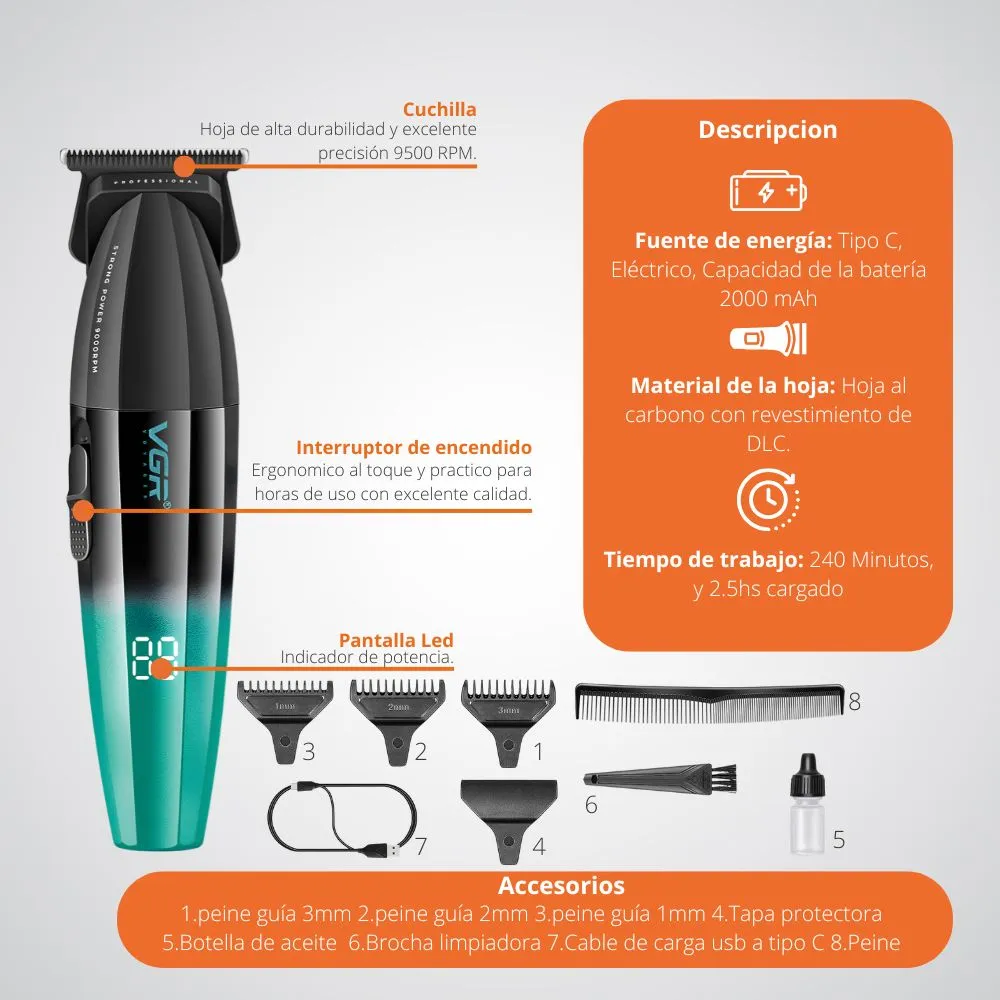 [19-GH2-115] Maquina VGR Trimmer V- Recargable Para Barba Y Contorno
