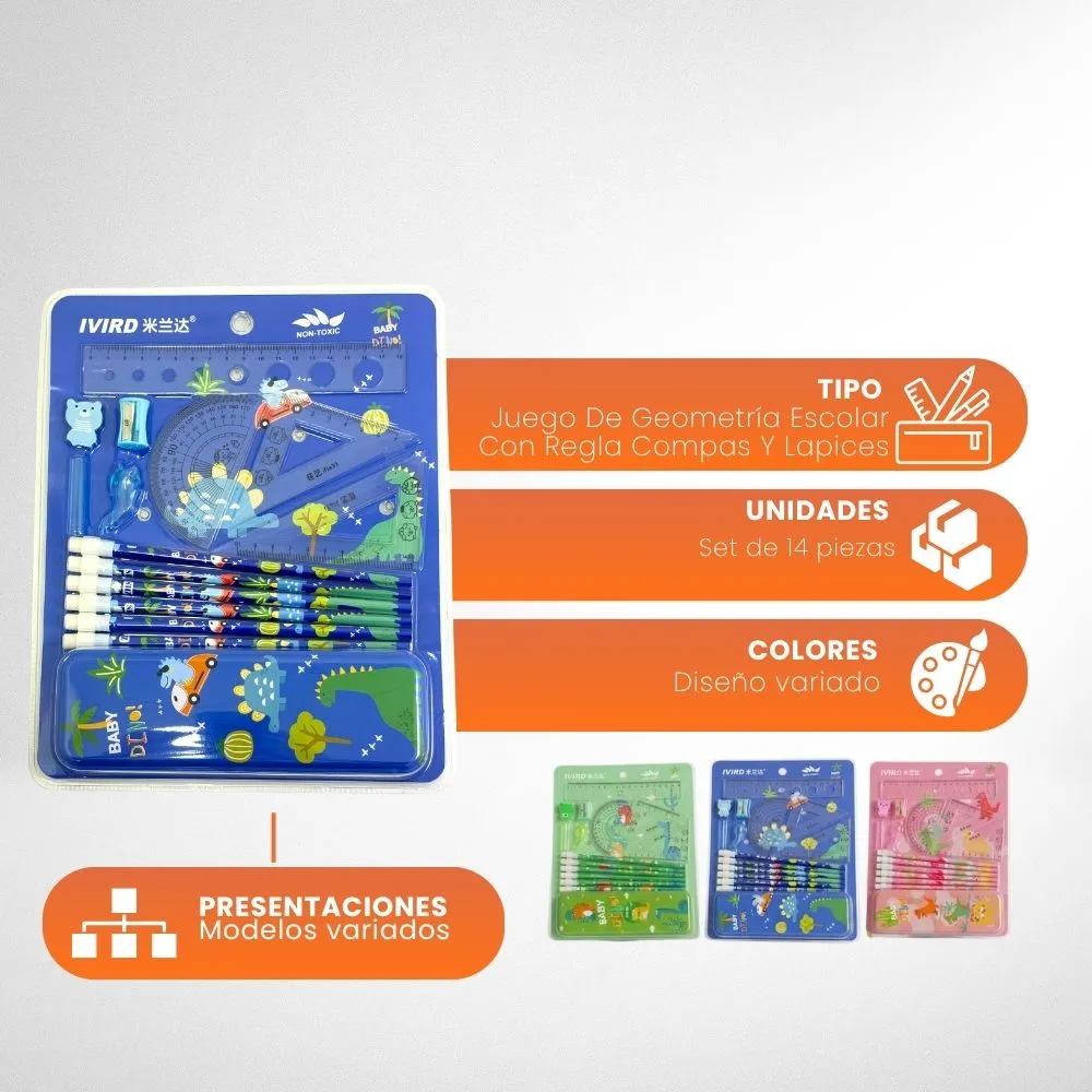 [8-GH2-79] Juego De Geometría  Escolar Con Regla Compas Y Lapices
