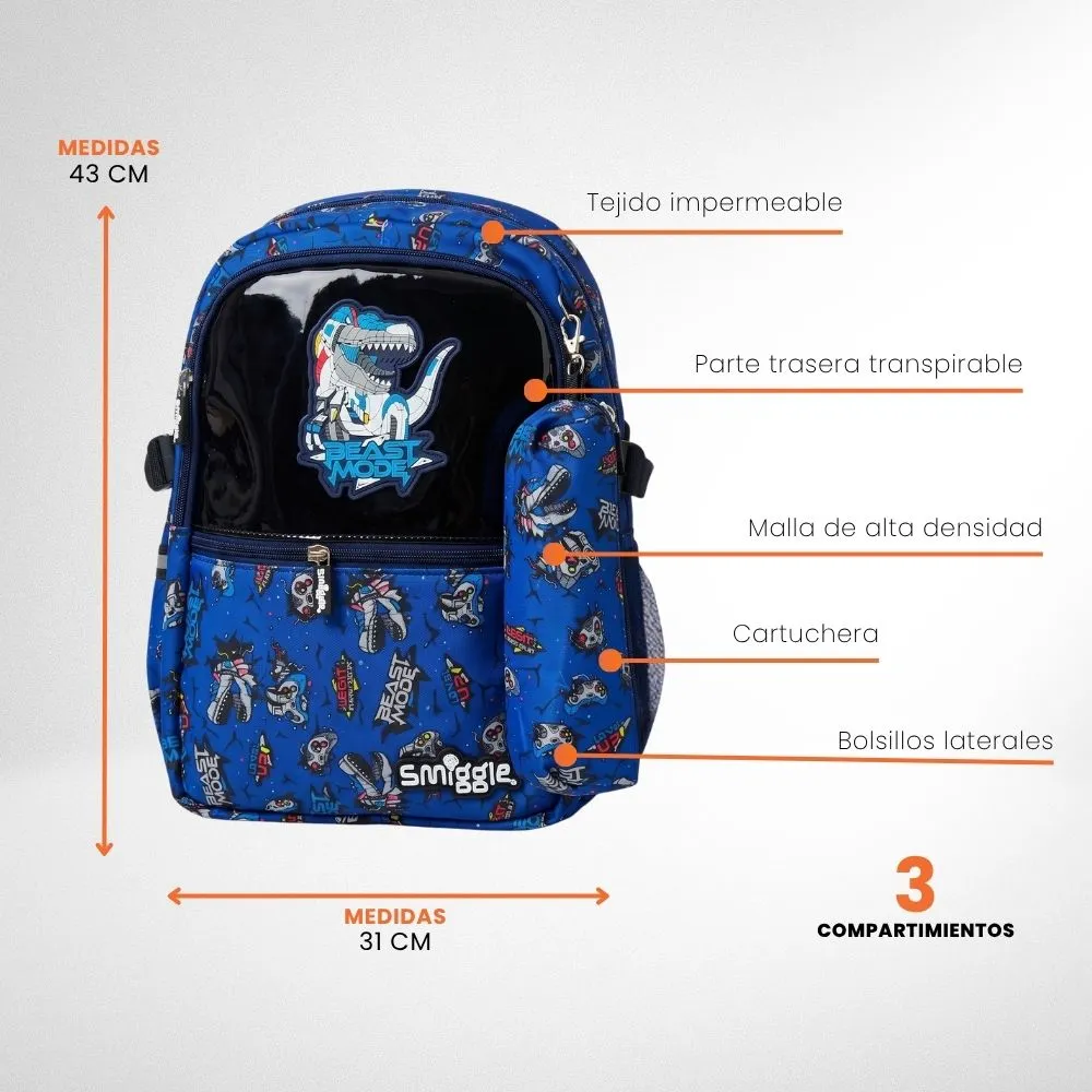 [4-GH2-10-7] Morral Bolso Colegial Escolar Infantil Con Lapicera (Dinosaurio Azul)