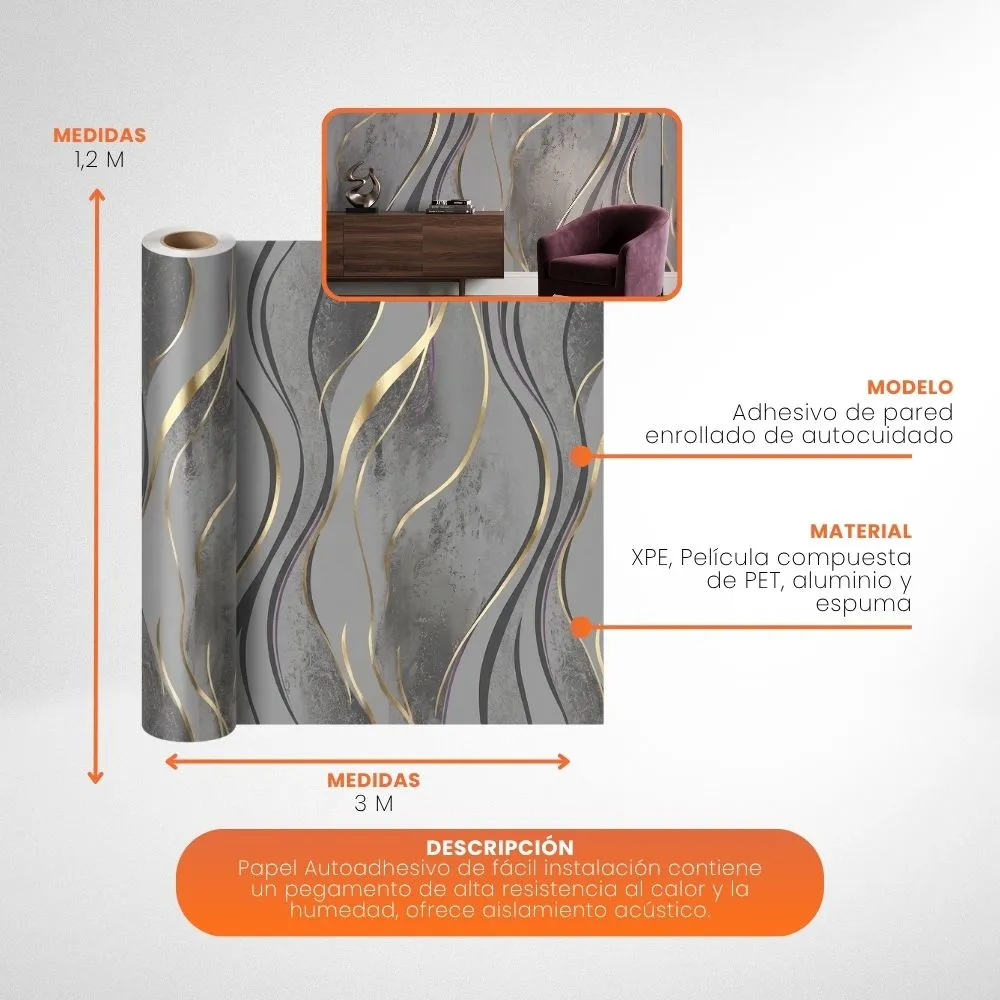 [14-GH2-93D] Papel Tapiz De Vinil Autoadhesivo Mármol Rollo De 3x1.2m Para Pared (Marmol Gris)