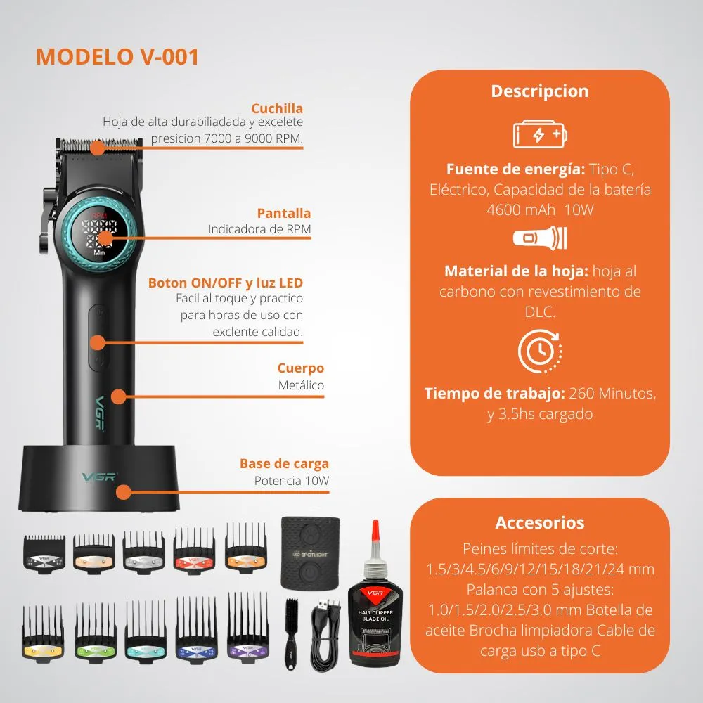 [19-GH2-117A] Maquina VGR Cortapelo V-001 Recargable Profesional (Negro)