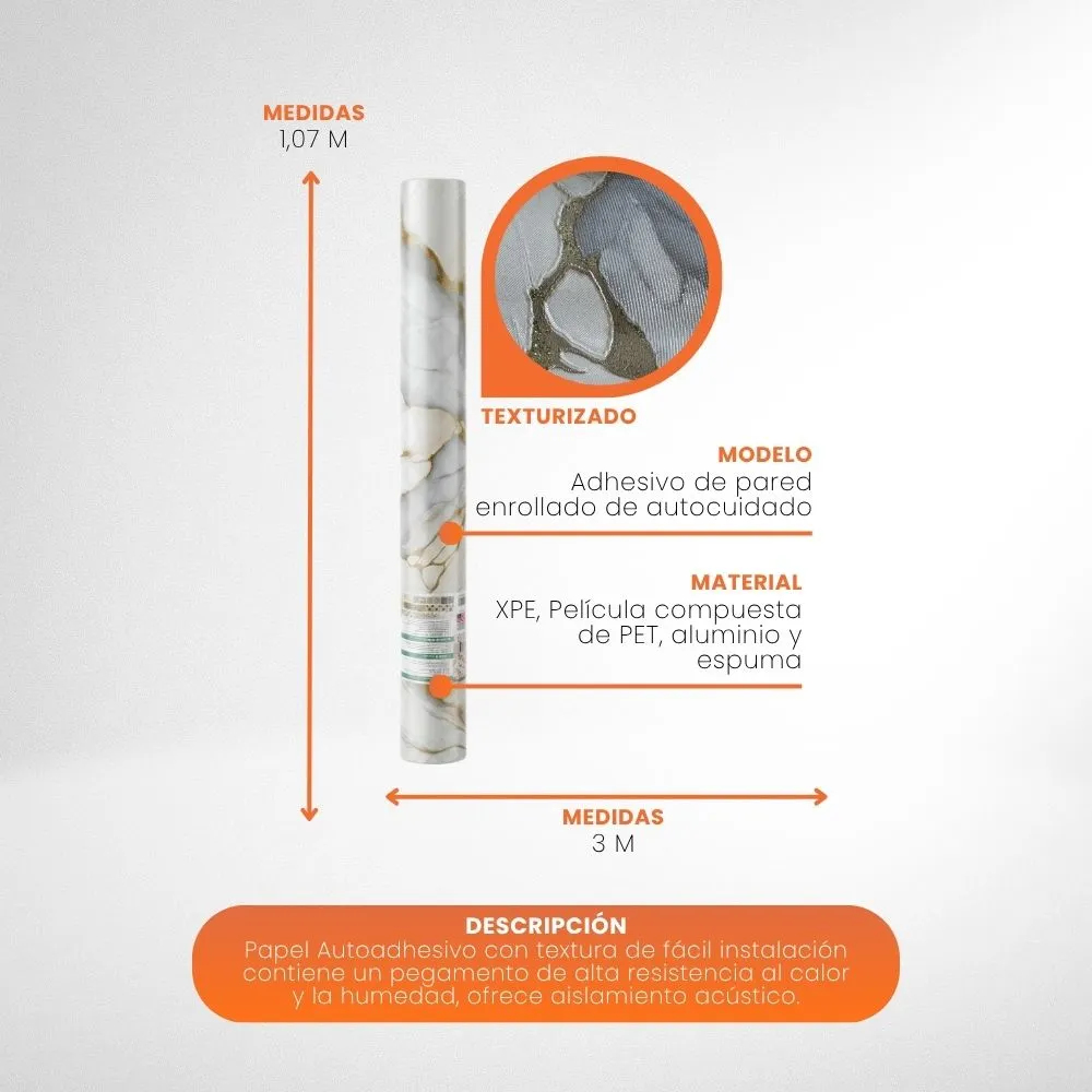 [14-GH2-94] Papel Tapiz De Vinil Autoadhesivo Mármol Rollo De 3x1.05m Perfil 3D