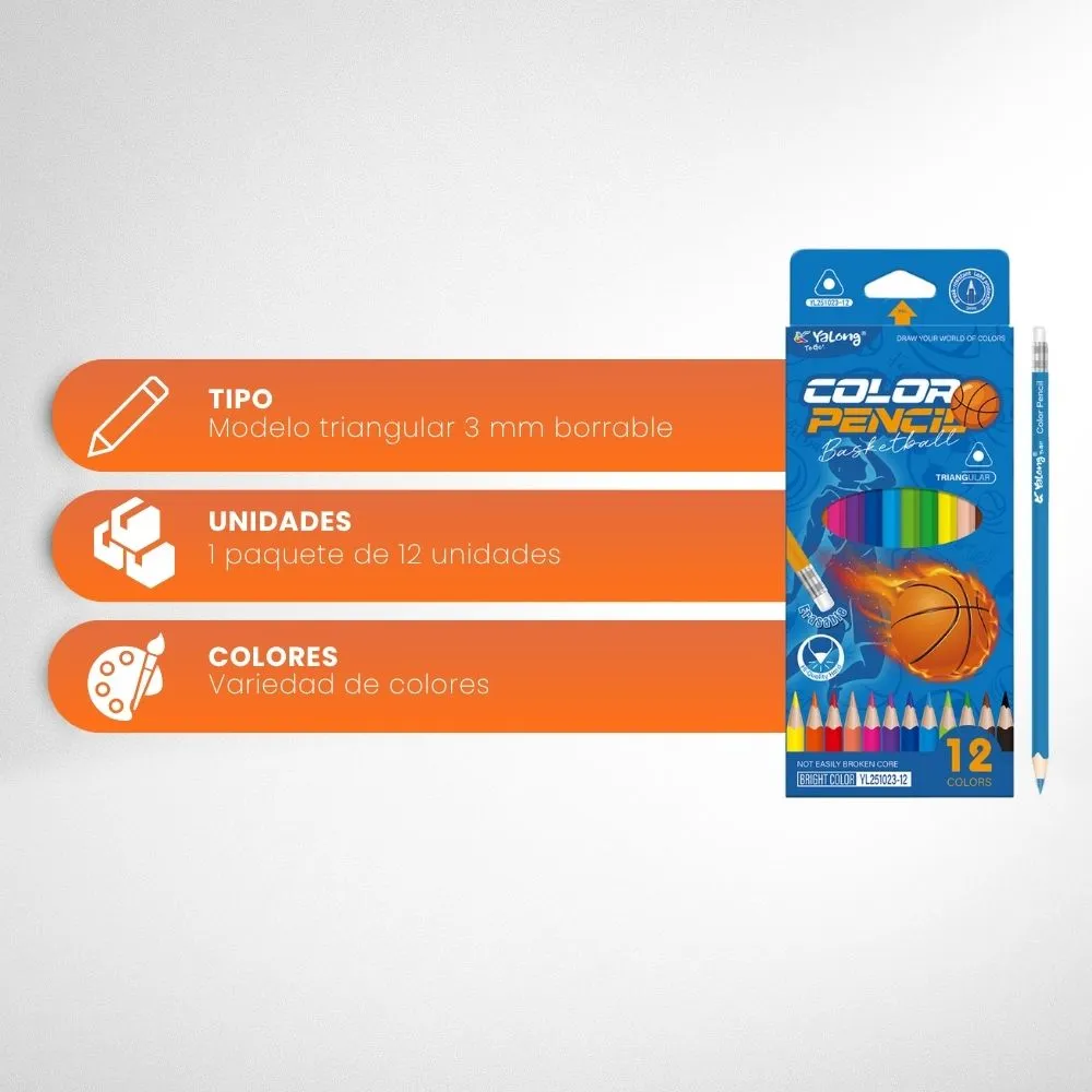 [5-GH2-17] Colores Jumbo YaLong Infantil Diseño Basketball Caja 12 Colores (Borrable)