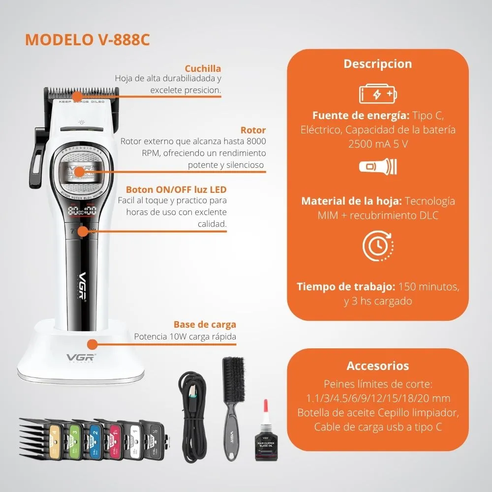 [19-GH2-118B] Maquina VGR Cortapelo V-888C Recargable Profesional (Negro)