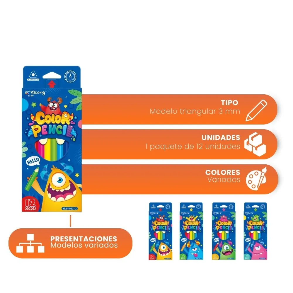[5-GH2-18] Colores YaLong Diseño Infantil Little Monster Caja 12 Colores Tradicional