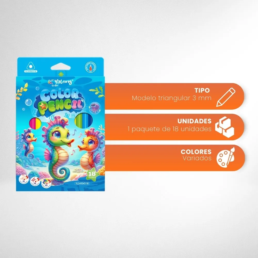 [5-GH2-19] Colores YaLong Infantil Diseño Caballo De Mar Caja 18 Colores Tradicional