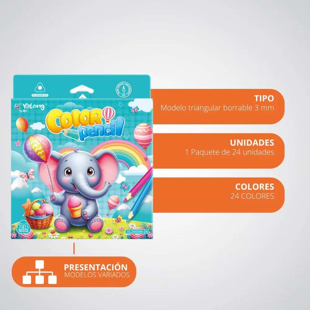 [5-GH2-20] Colores YaLong Infantil Diseño Elefante Caja 24 Colores Tradicional