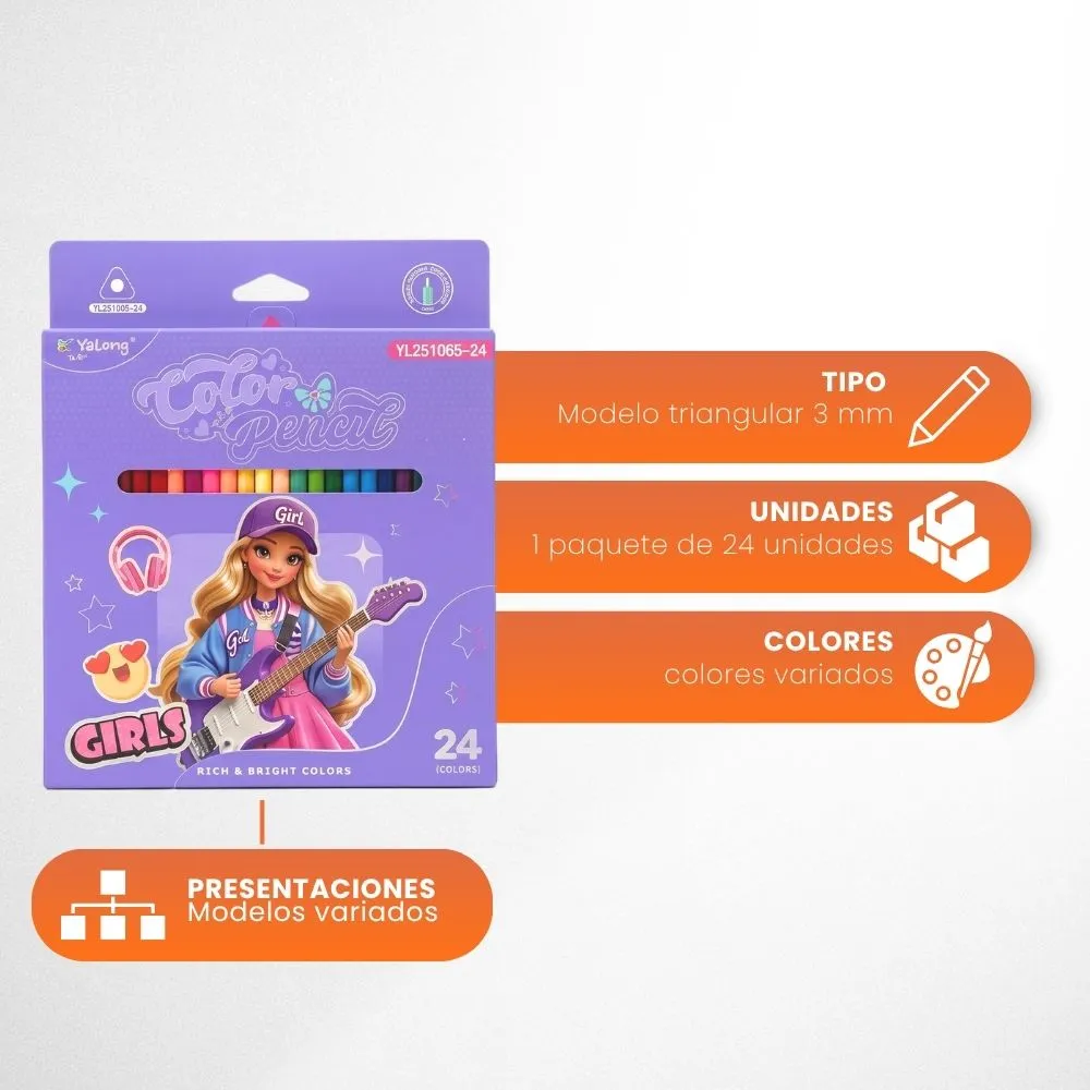 [5-GH2-20-Barbie] Colores YaLong Infantil Diseño Barbie Caja 24 Colores Tradicional