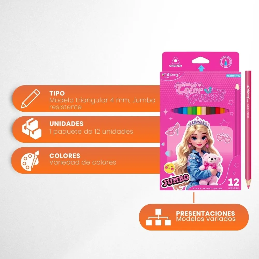 [5-GH2-21] Colores YaLong Infantil Diseño Barbie Caja 12 Colores JUMBO