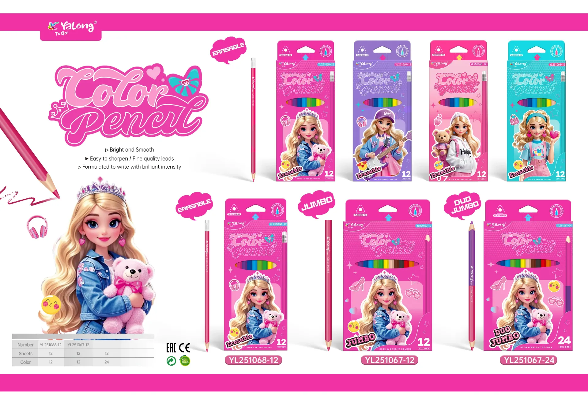 Colores YaLong Infantil Diseño Barbie Caja 12 Colores JUMBO