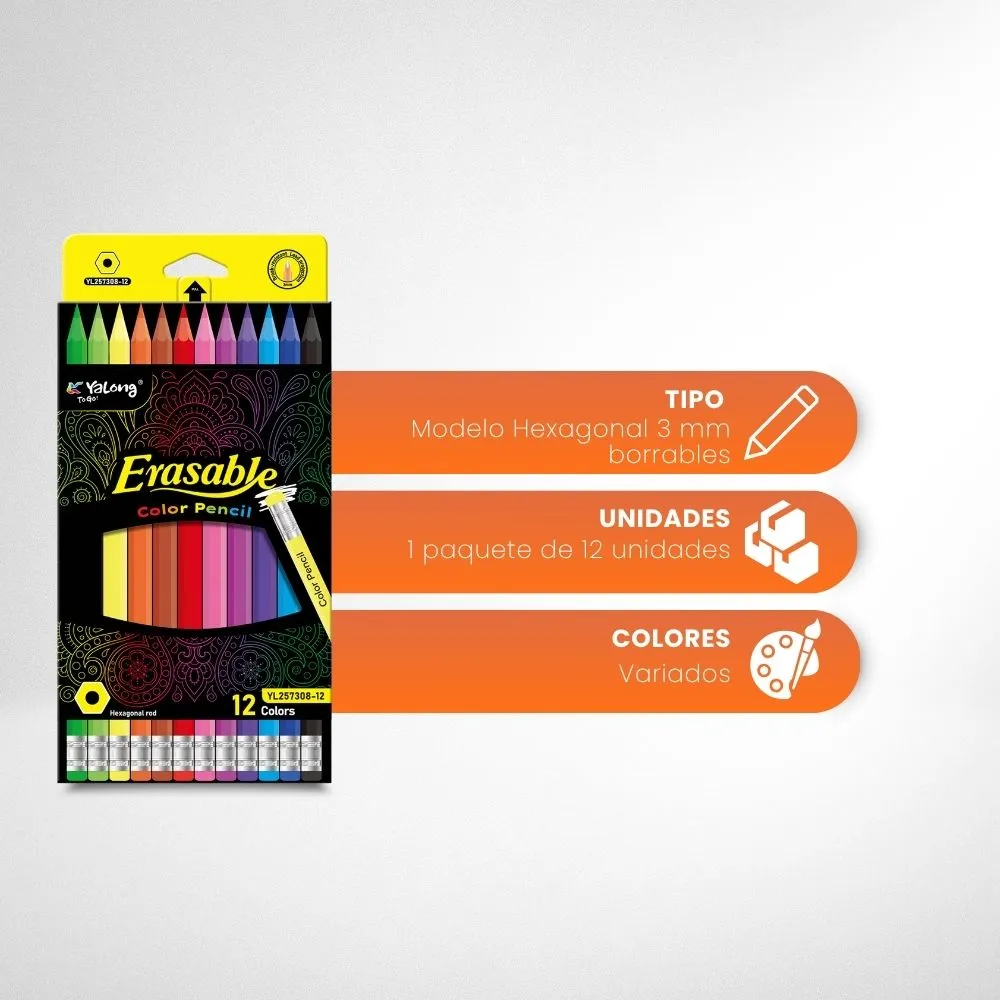 [5-GH2-22] Colores YaLong Borrables Colores Intensos (Caja 12 Colores)