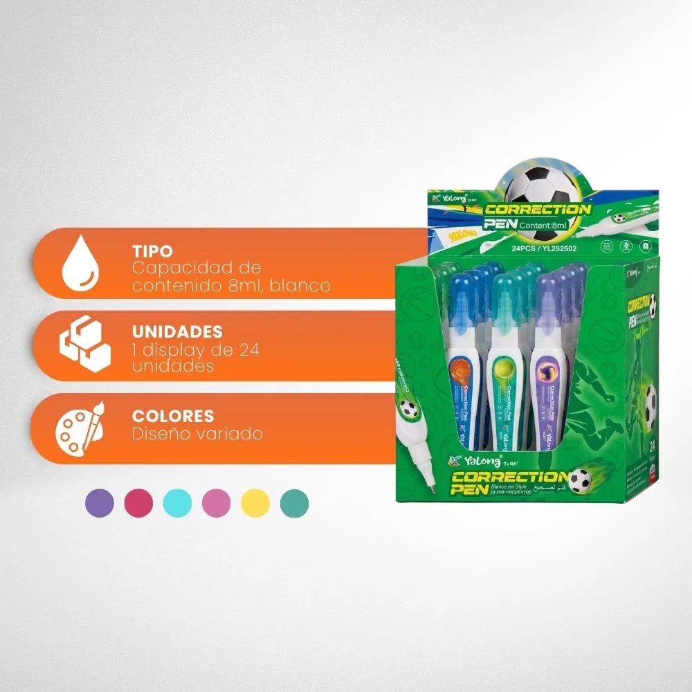 [5-GH2-62] Corrector Liquido Tipo Lapiz YaLong Caja Display 24Und (YL252502)