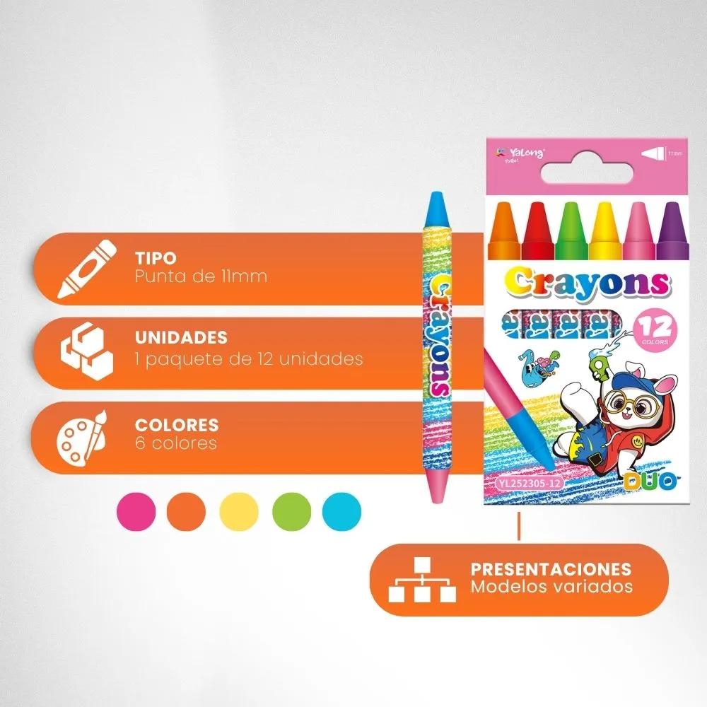 [5-GH2-32] Crayones YaLong Infantil Duo Caja De Crayones (12 Colores)