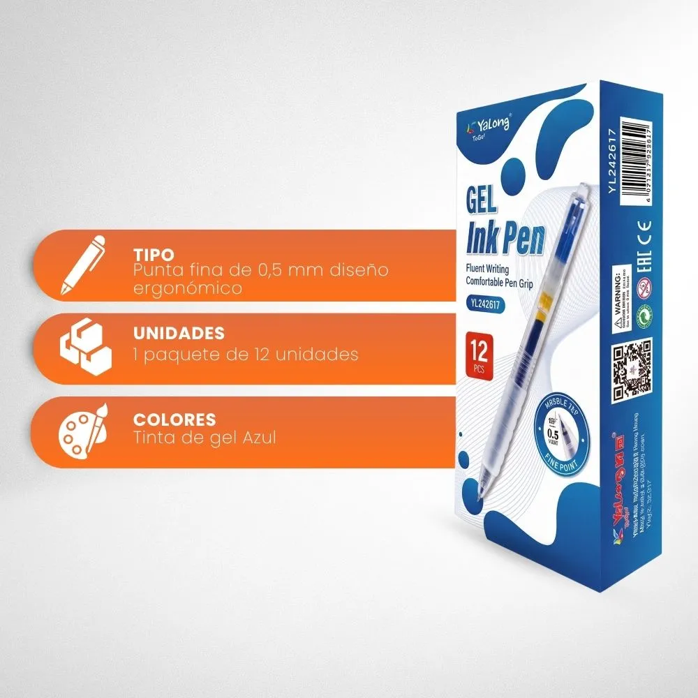 [5-GH2-33] Boligrafo Lapicero Yalong Semi Gel Caja 12 Boligrafos