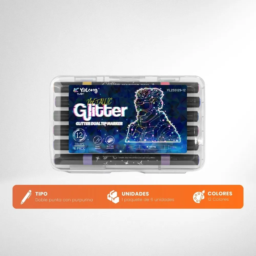 [5-GH2-35] Marcadores Glitter YaLong Caja 6 Marcadores (12 Colores)