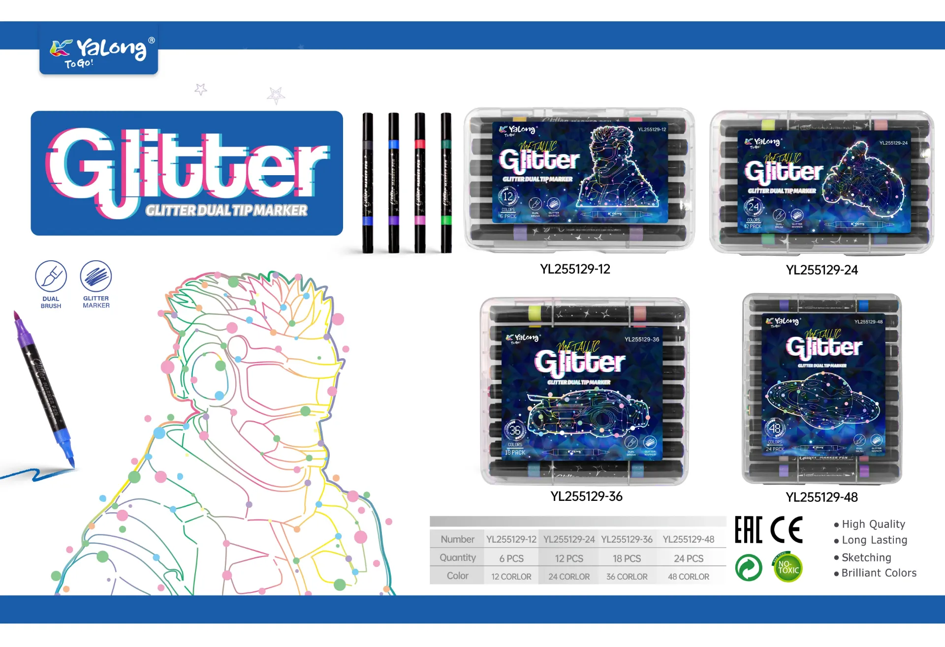 [5-GH2-35] Marcadores Glitter YaLong Caja 6 Marcadores (12 Colores)