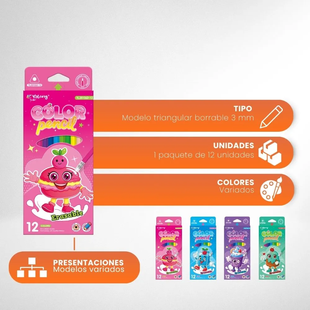 [5-GH2-41] Colores YaLong Borrable Diseño Infantil Caja 12 Colores