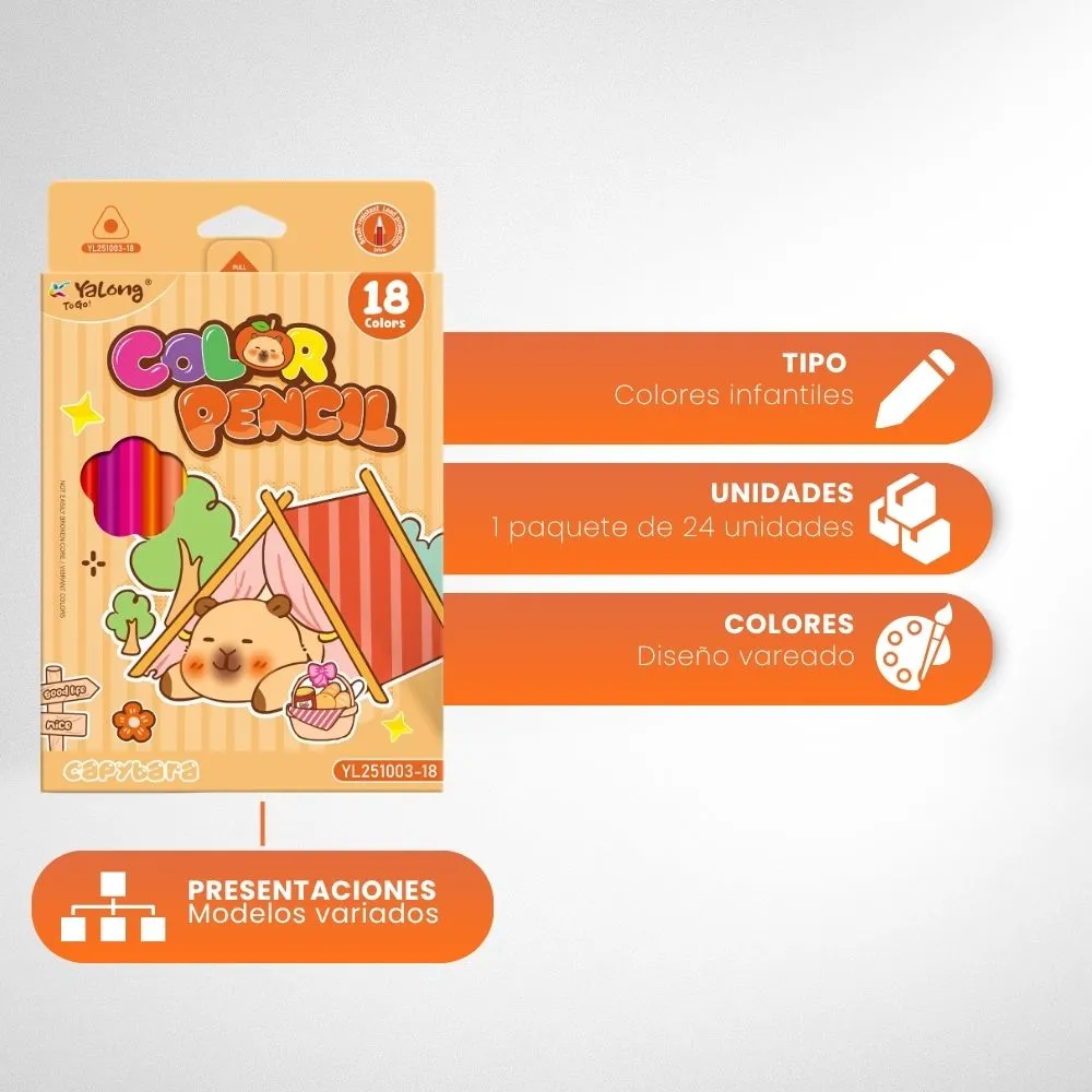 [5-GH2-52-Capibara] Colores YaLong Infantil Diseño Capibara Caja 18 Colores