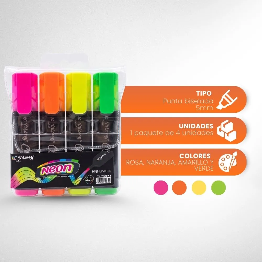 [5-GH2-53] Marcador Resaltador YaLong Colores Neon Caja 4 Marcadores
