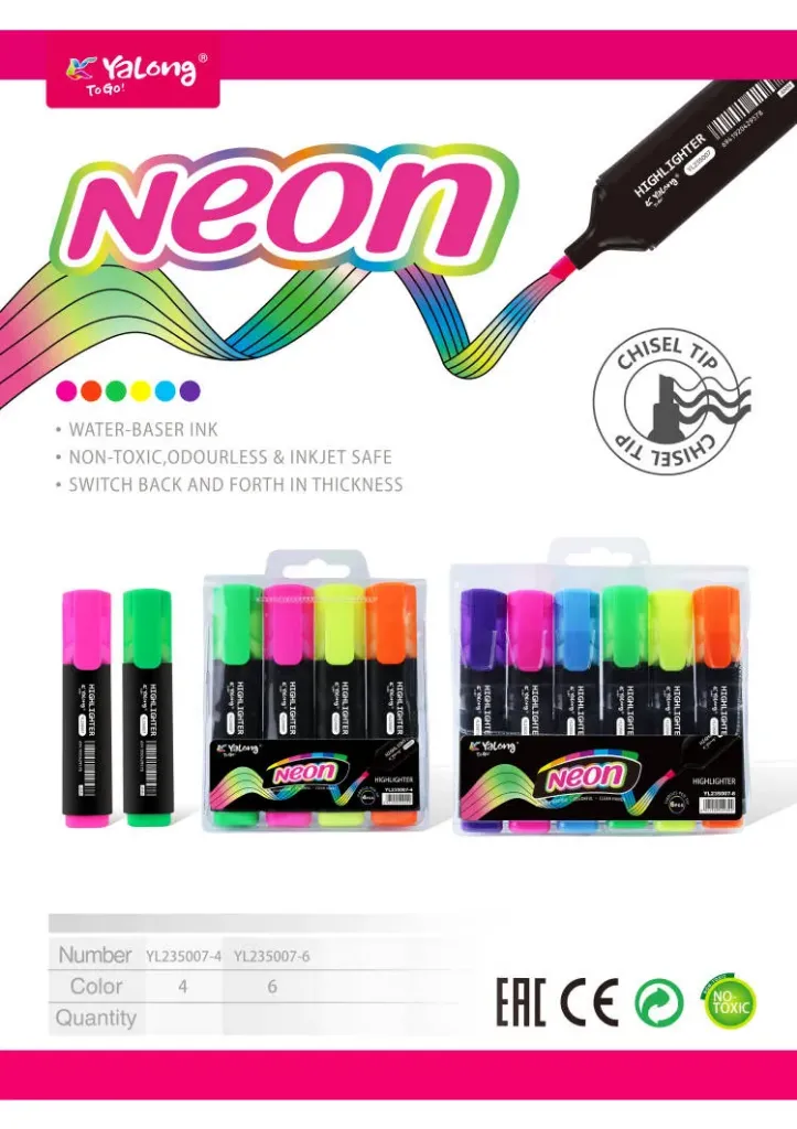 [5-GH2-53] Marcador Resaltador YaLong Colores Neon Caja 4 Marcadores