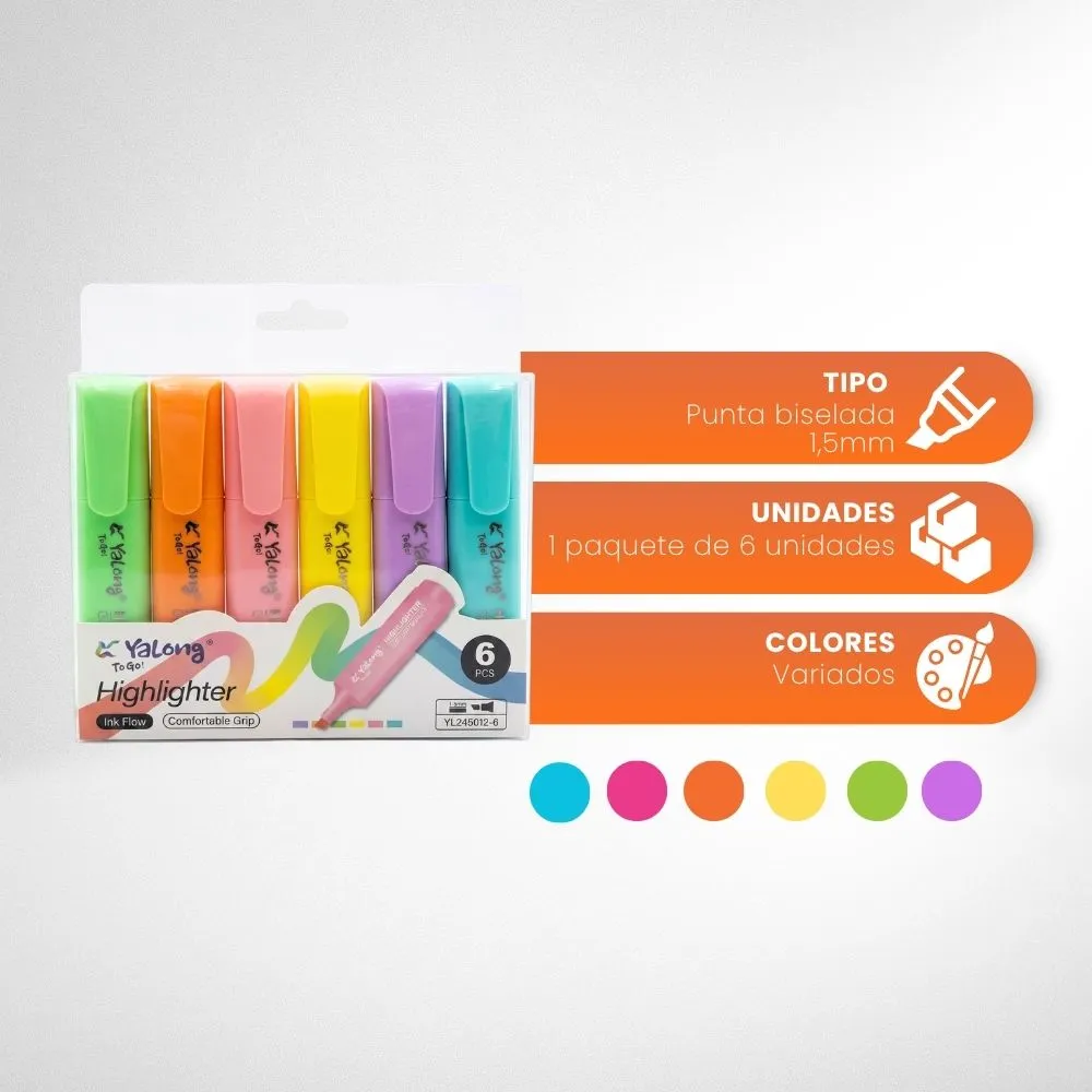 [5-GH2-56] Marcadores Resaltadores Yalong Pastel Caja 6 Marcadores