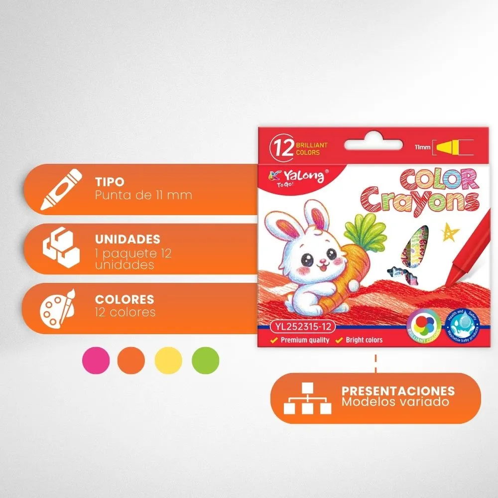 [5-GH2-30] Crayones De Colores Yalong Diseño Infantil Tamaño Pequeño Caja 12 Unidades