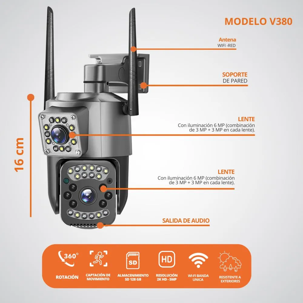 [16-GH2-103] Camara De Seguridad 2 Lentes Inalámbrica Wifi Exterior