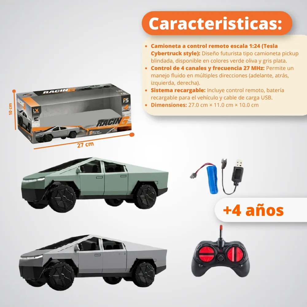 [JGT-GH2-3225734] Juguete Carro RC Con Luces Y Recargable CyberTruck 3225734
