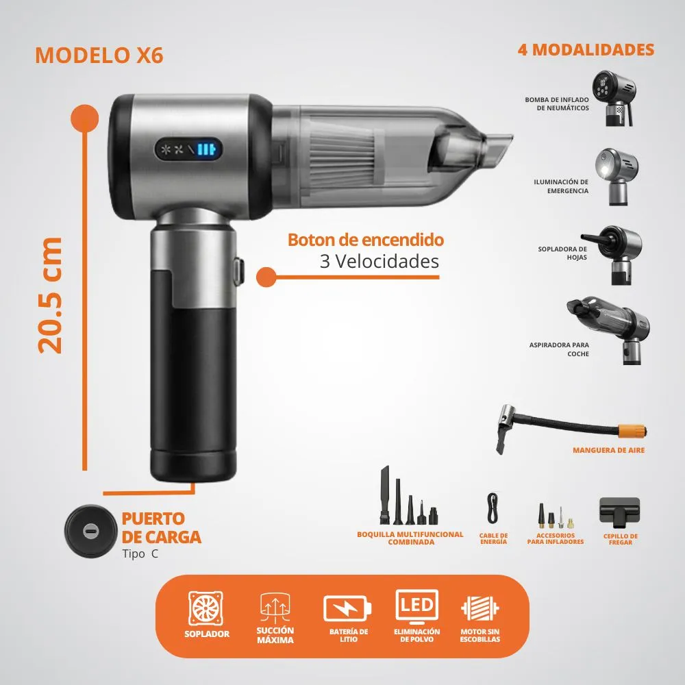 [23-GH2-126] Aspiradora Compresor 2en1 Para Carro Y Hogar Portátil Recargable