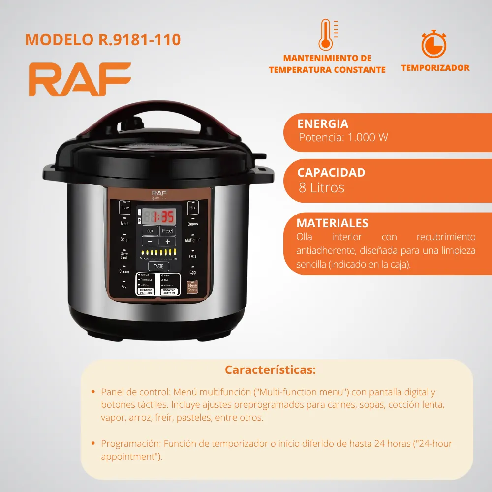 [48-GH2-204] Olla De Presión Eléctrica Multifuncional De 8L RAF