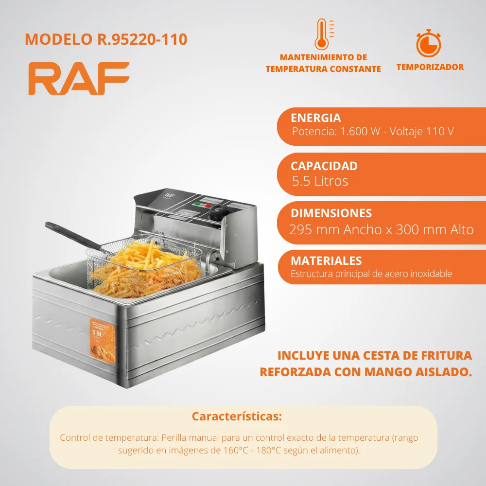 [48-GH2-205] Freidora Electrica 1600W Acero Inoxidable 29.5x46.5cm RAF