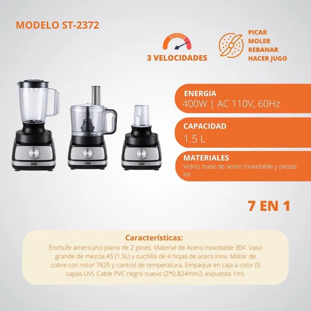 [35-GH2-154] Procesador 7 En 1 Ayudante De Cocina Licuadora Picatodo WinningStar 400w